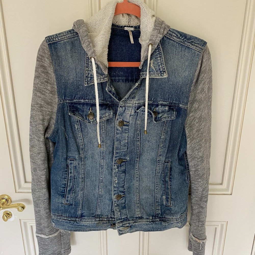 Free People jean jacket with sweatshirt sleeve